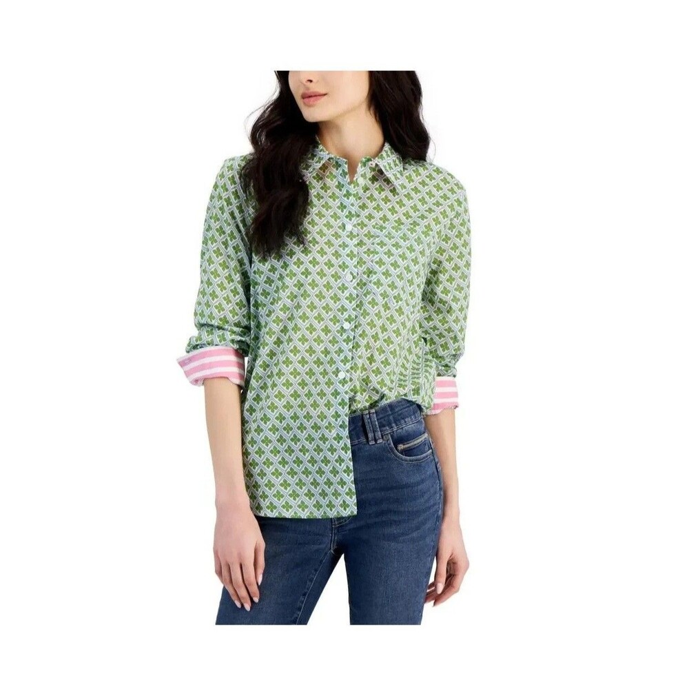 Nautica Womens L Blue Bell Multi Printed Long Sleeve Button Up Top NWT Z36